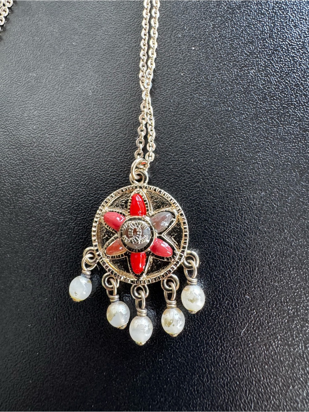 CHANEL Gripoix Gold-Tone Pendant Necklace with Red Enamel Flower and Pearl Drops - Picture 7 of 8